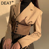 DEAT Woman Blazer Khaki Patchwork Notched Collar Long Sleeve Single Breasted Belt Vintage Style Jacket 2022 Autumn 15XF848