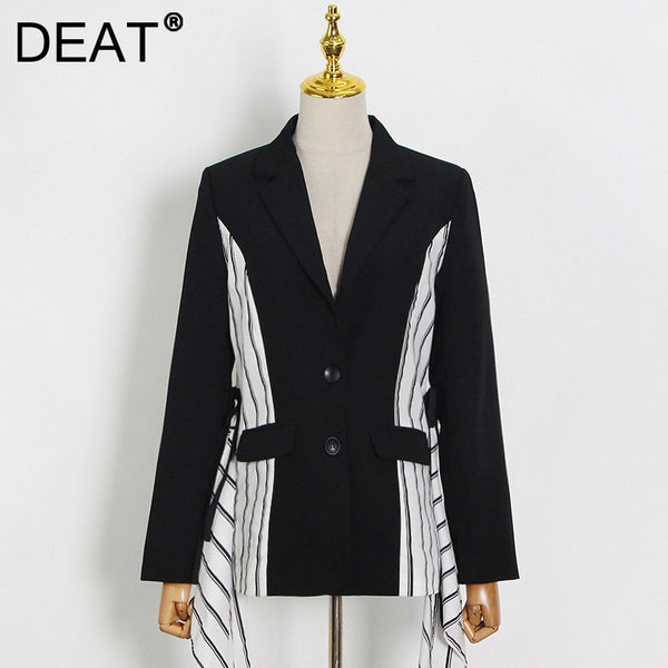 DEAT Woman Blazer Striped Patchwork Single Breasted Notched Long Sleeve Pockets Casual Style Jacket 2022 Autumn 15XM492