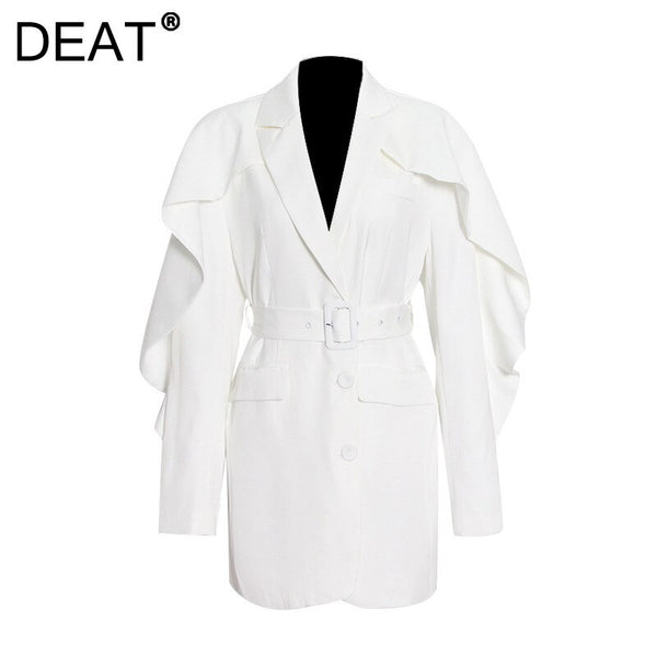 DEAT Woman Blazer White Cloak Sashes Notched Ruffles Long Sleeve Single Breasted Casual Style Jacket 2022 Autumn 15XM009