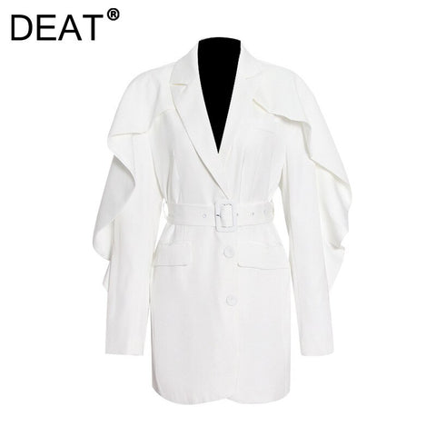 DEAT Woman Blazer White Cloak Sashes Notched Ruffles Long Sleeve Single Breasted Casual Style Jacket 2022 Autumn 15XM009