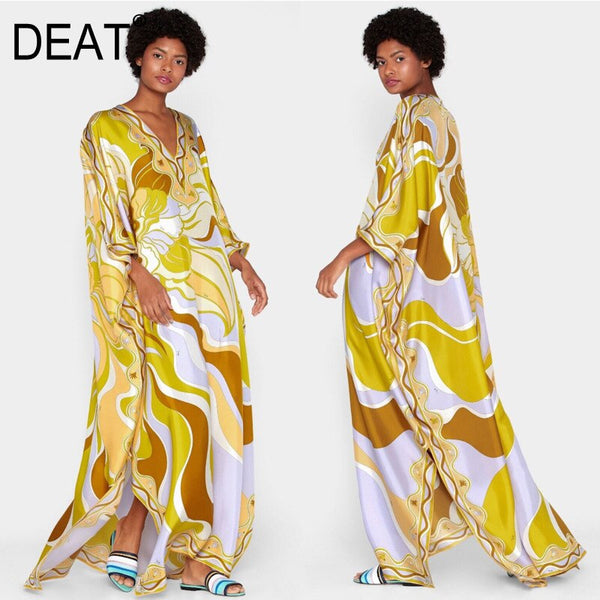 DEAT Woman Dresses Floor Length Batwing Sleeve V Collar Print High Elastic Bohemian Style Kafatan Elegant 2022 Autumn AR665