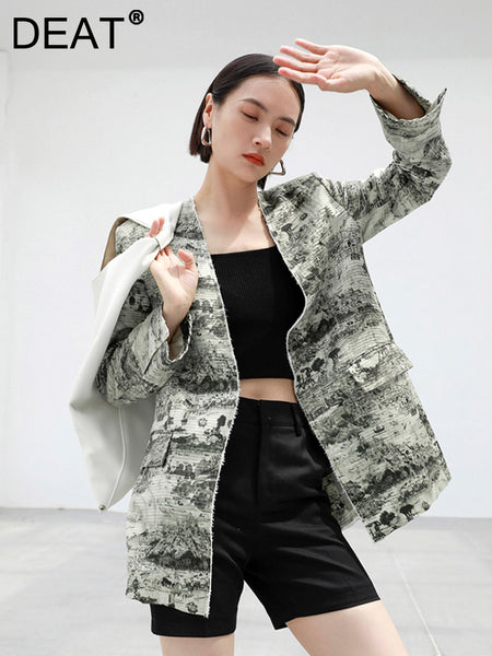 DEAT Woman Jackets Cardigan Burrs Thin Printing Full Sleeve  High Street Style Coat 2023 Autumn 15AN002