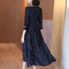 DEAT Woman Maxi Pleated Dress Pearl Seven Sleeve Round Collar Elegant Casual Style Dresses Lady 2022 Autumn 15XM768