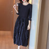 DEAT Woman Maxi Pleated Dress Pearl Seven Sleeve Round Collar Elegant Casual Style Dresses Lady 2022 Autumn 15XM768