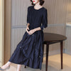 DEAT Woman Maxi Pleated Dress Pearl Seven Sleeve Round Collar Elegant Casual Style Dresses Lady 2022 Autumn 15XM768