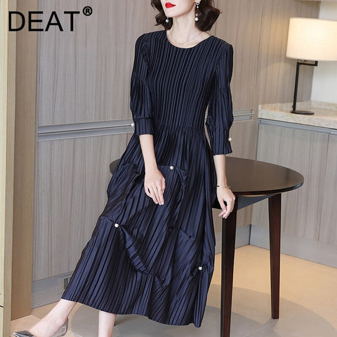 DEAT Woman Maxi Pleated Dress Pearl Seven Sleeve Round Collar Elegant Casual Style Dresses Lady 2022 Autumn 15XM768