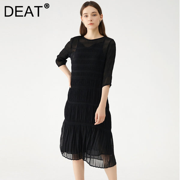 DEAT Woman Midi Pleated Dress Elegant Round Collar Seven Sleeve Sashes With Lined Casual Style Dresses 2022 Autumn 15XM771