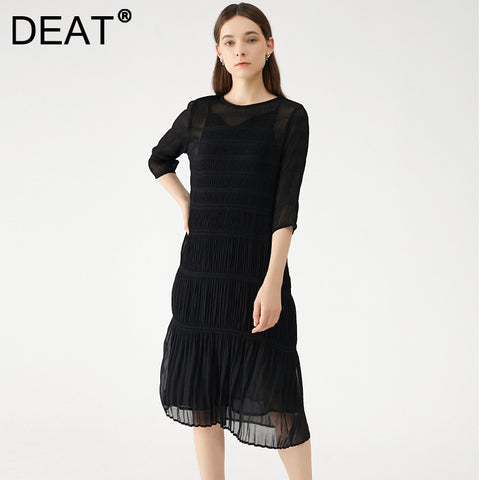 DEAT Woman Midi Pleated Dress Elegant Round Collar Seven Sleeve Sashes With Lined Casual Style Dresses 2022 Autumn 15XM771