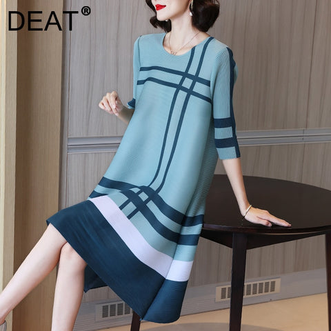 DEAT Woman Midi Pleated Dress Geometric Print Round Collar Seven Sleeve Loose Casual Style Elegant 2022 Autumn 15XM507