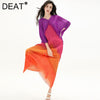 DEAT Woman Midi Pleated Dress Tassel Hit Color Batwing Sleeve V Collar Elastic Wild Casual Style 2022 Autumn 15XM790