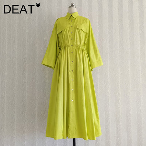 DEAT Woman Midi Shirt Dress Pockets Slim Waist Seven Flare Sleeve Lapel Vintage Style Elegant 2022 Autumn 15JK921