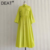DEAT Woman Midi Shirt Dress Pockets Slim Waist Seven Flare Sleeve Lapel Vintage Style Elegant 2022 Autumn 15JK921