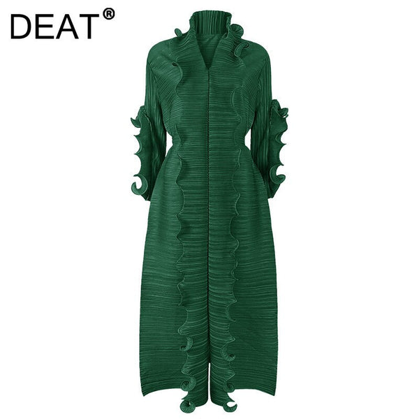 DEAT Woman Pleated Dress Oversized Elastic With Sashes Ruffles Long Sleeve Lapel Casual Style 2023 Spring Clothing HT675