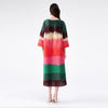 DEAT Woman Pleated Maxi Dress Colorful Striped Flare Sleeve Single Breasted V Collar Casual Style 2022 Autumn AM405