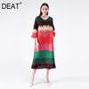 DEAT Woman Pleated Maxi Dress Colorful Striped Flare Sleeve Single Breasted V Collar Casual Style 2022 Autumn AM405