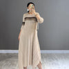 DEAT Woman Pleated Maxi Dress Striped Asymmetry Seven Sleeve Round Collar Causal Style Elegant Dresses 2022 Autumn 15AK747