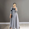 DEAT Woman Pleated Maxi Dress Striped Asymmetry Seven Sleeve Round Collar Causal Style Elegant Dresses 2022 Autumn 15AK747