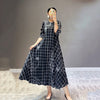 DEAT Woman Pleated Maxi Dress Striped Asymmetry Seven Sleeve Round Collar Causal Style Elegant Dresses 2022 Autumn 15AK747