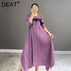 DEAT Woman Pleated Maxi Dress Striped Asymmetry Seven Sleeve Round Collar Causal Style Elegant Dresses 2022 Autumn 15AK747