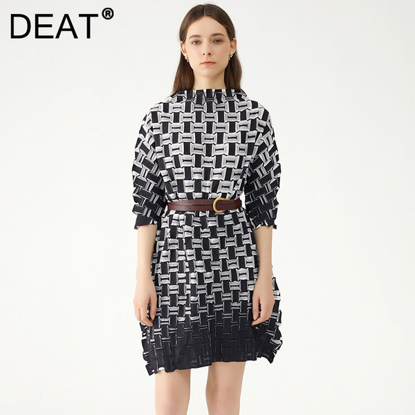 DEAT Woman Pleated Midi Dress 3D Plaid Gradient Half High Collar Seven Sleeve Loose Waist Casual Style 2022 Autumn 15XF886
