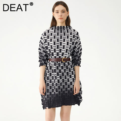 DEAT Woman Pleated Midi Dress 3D Plaid Gradient Half High Collar Seven Sleeve Loose Waist Casual Style 2022 Autumn 15XF886