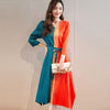 DEAT Woman Pleated Midi Dress Multicolor Seven Sleeve V Neck With Sashes Slim Elegant Casual Style 2022 Autumn 15JK966