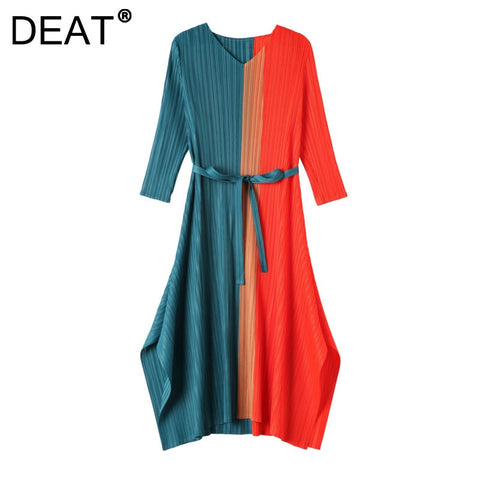 DEAT Woman Pleated Midi Dress Multicolor Seven Sleeve V Neck With Sashes Slim Elegant Casual Style 2022 Autumn 15JK966