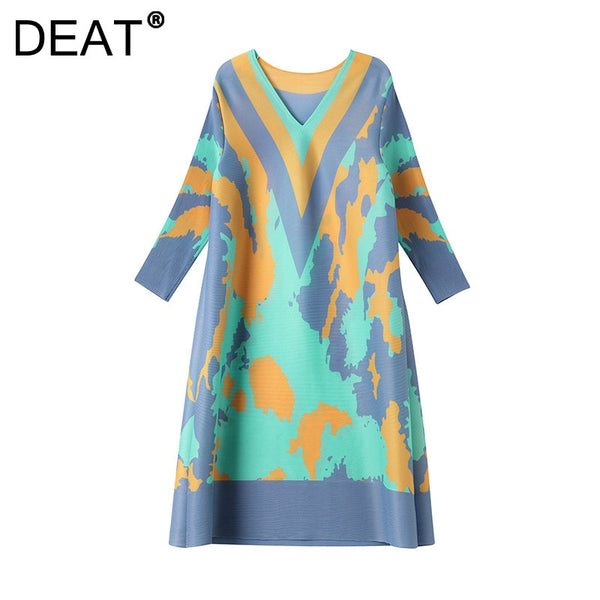 DEAT Woman Pleated Midi Dress Print Color Block V Neck Seven Sleeve Elastic Casual Style Elegant 2022 Autumn 15JK964