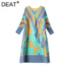 DEAT Woman Pleated Midi Dress Print Color Block V Neck Seven Sleeve Elastic Casual Style Elegant 2022 Autumn 15JK964