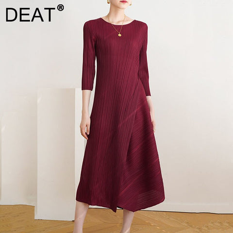 DEAT Woman Pleated Midi Dress Solid Fake Two Pcs Seven Sleeve Round Collar Casual Style Elegant 2022 Autumn 15AK012
