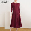 DEAT Woman Pleated Midi Dress Solid Fake Two Pcs Seven Sleeve Round Collar Casual Style Elegant 2022 Autumn 15AK012
