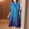 DEAT Woman Pleated Seven Sleeve Dress Purple Gradient Design Lapel Collar Over Size Casual Style 2022 Autumn 15HT160