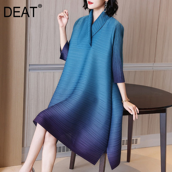 DEAT Woman Pleated Seven Sleeve Dress Purple Gradient Design Lapel Collar Over Size Casual Style 2022 Autumn 15HT160