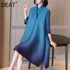 DEAT Woman Pleated Seven Sleeve Dress Purple Gradient Design Lapel Collar Over Size Casual Style 2022 Autumn 15HT160