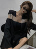 DEAT Women Black Patchwork Gauze Double Breasted Blazer V-neck Long Sleeve Top Tide Fit autumn 2023 7D0747