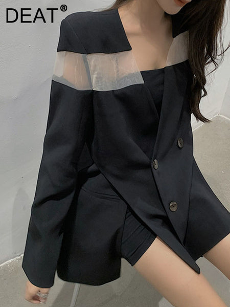 DEAT Women Black Patchwork Gauze Double Breasted Blazer V-neck Long Sleeve Top Tide Fit autumn 2023 7D0747
