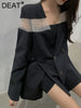 DEAT Women Black Patchwork Gauze Double Breasted Blazer V-neck Long Sleeve Top Tide Fit autumn 2023 7D0747