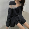DEAT Women Black Patchwork Gauze Double Breasted Blazer V-neck Long Sleeve Top Tide Fit autumn 2023 7D0747