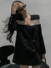 DEAT Women Black Patchwork Gauze Double Breasted Blazer V-neck Long Sleeve Top Tide Fit autumn 2023 7D0747