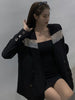 DEAT Women Black Patchwork Gauze Double Breasted Blazer V-neck Long Sleeve Top Tide Fit autumn 2023 7D0747