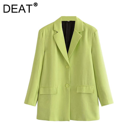[DEAT] Women Blazer Green Turn-down Collar Long Sleeve Single-breasted Solid Color Coat Tide 2022 Autumn 13Z1418