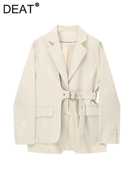 [DEAT] Women Blazer Irregular Belt Solid Elegant Lapel Long Sleeve Loose Jacket Tide Summer Autumn 2023 13DA3202