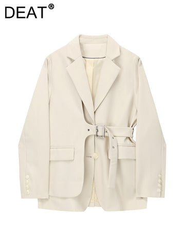 [DEAT] Women Blazer Irregular Belt Solid Elegant Lapel Long Sleeve Loose Jacket Tide Summer Autumn 2023 13DA3202