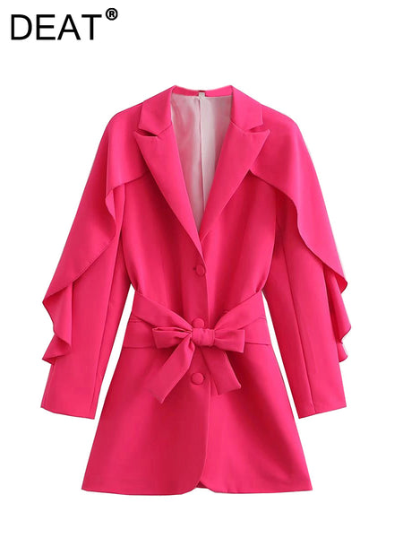 [DEAT] Women Blazer Lace-up Temperament Elegant Lapel Long Sleeve Loose Fit Jacket Tide Autumn   2023 13DA3073