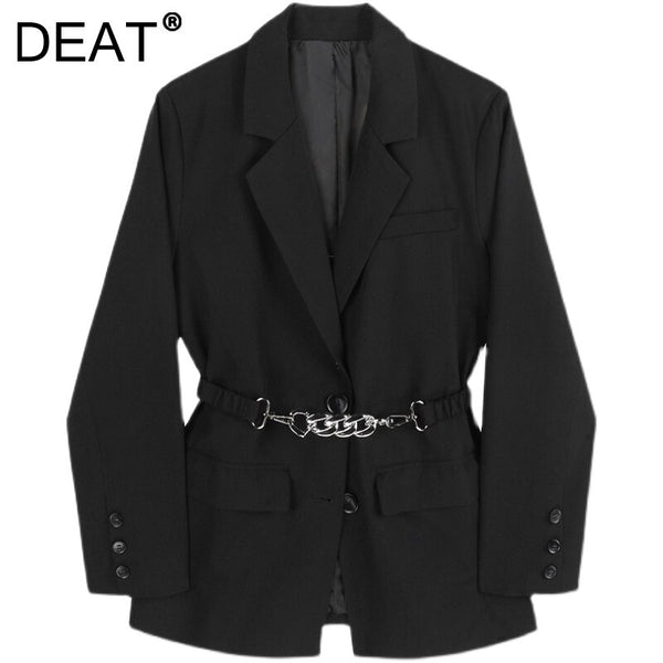 [DEAT] Women Blazer Black Turn-down Collar Single-breasted Long Sleeve Chain Loose Coat Spring Autumn 2022 13Z025
