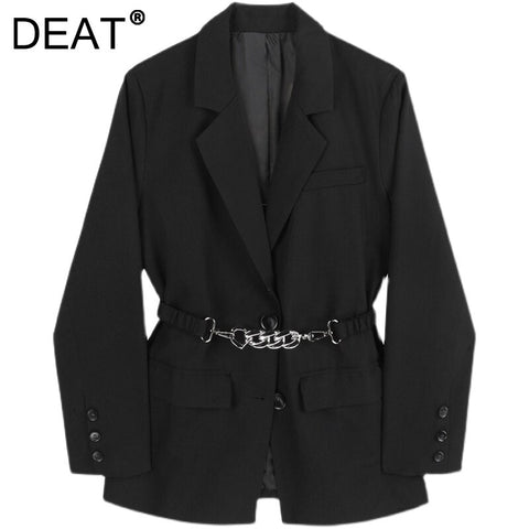 [DEAT] Women Blazer Black Turn-down Collar Single-breasted Long Sleeve Chain Loose Coat Spring Autumn 2022 13Z025