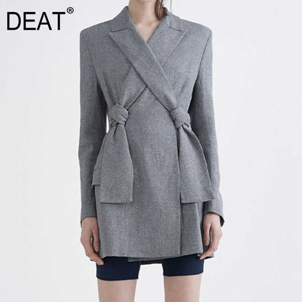 DEAT  Women Cross Bandage Brief Gray Blazer Lapel Long Sleeve Loose Fit  Jacket Tide Autumn Winter winter 2022 LI194