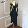 DEAT Women Midi Dress Asymmetrical Gauze Print V Neck Long Sleeve Slim Waist Casual Style Elegant 2022 Autumn 15JK884