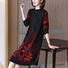 DEAT Women Midi Dress Flower Print Knit Round Seven Sleeve Thick Casual Style Loose Elegant Lady 2022 Autumn 15AK640