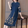 DEAT Women Midi Dress Flower Print Knit Round Seven Sleeve Thick Casual Style Loose Elegant Lady 2022 Autumn 15AK640